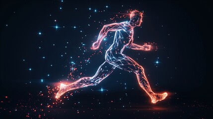an Olympic athlete running silhouette with illuminated lines and dots on a dark background, futuristic digital business template background