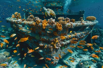 An ancient shipwreck encrusted with vibrant corals and swarming with diverse marine life, including colorful fish and curious sea turtles