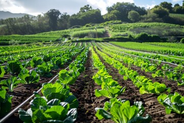 Obraz premium Scenic Genetically Modified Vegetable Farm with Vibrant Rows of Healthy Plants for Agricultural and Eco-Focused Designs