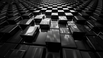 Black 3D cubes in a staggered pattern with a spotlight shining on them.