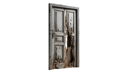 Old wooden damaged door isolated on transparent or white background
