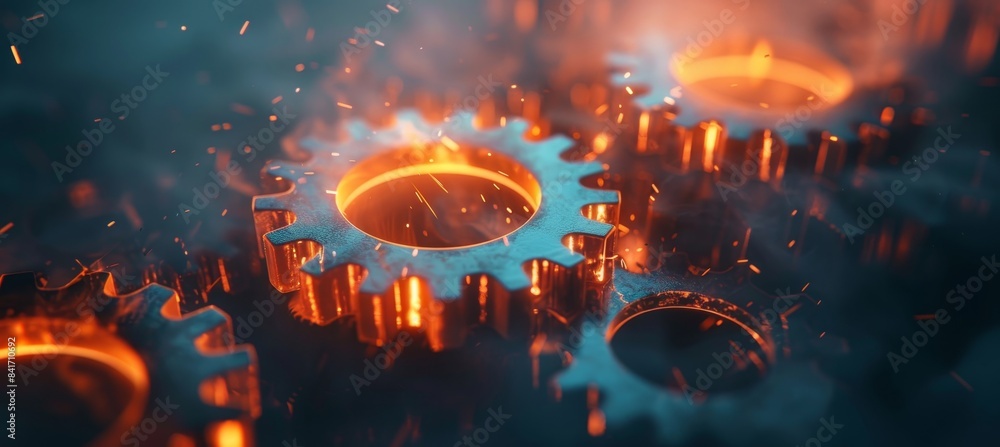 Poster dynamic gear synchronization with sparks in close up, blurred background, copy space for text