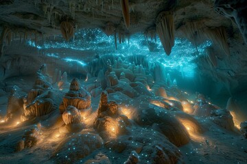 An enchanting underwater cave adorned with stalactites and stalagmites, teeming with bioluminescent creatures casting an ethereal glow