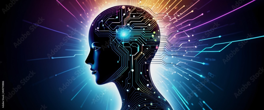 Poster abstract futuristic background of artificial intelligence as a human. ai brain and information conce
