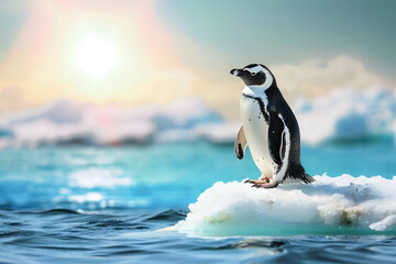 Obraz premium Global warming concept, a penguin on an ice floe in the South Pole, with a striking blue sea and the bright, hot sun overhead