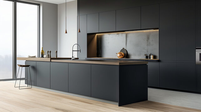 Modern minimalistic kitchen interior fully furnished in a new luxurious home