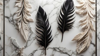 Elegant Feather Wall Art on Marble Background, Marble Background with Elegant Feather Designs, Sophisticated Feather Art on Marble Wall, Marble Wall Decor with Elegant Feather Patterns.