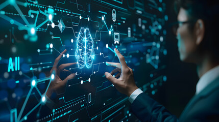 A businessman touching an AI icon with artificial intelligence technology background. digital screen and icons of business marketing innovation 
