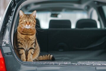 Curious tabby cat perched inside the open trunk of a car against a blurred background