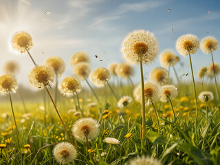 Fototapeta premium a windy dandelion field, 바람이 부는 민들레 들판