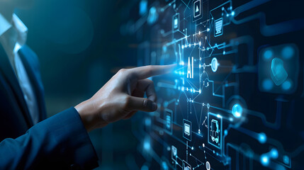 A businessman touching an AI icon with artificial intelligence technology background. digital screen and icons of business marketing innovation 