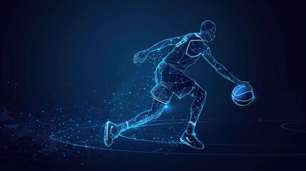 Fototapeta premium an Olympic basketball player silhouette with illuminated lines and dots on a dark background, futuristic digital business template background