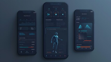 Three smartphones lay flat on a dark background displaying various data points, charts, and information.