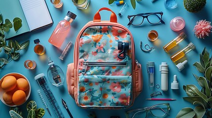 A top view of a backpack filled with science items like a microscope, lab notebook, safety goggles, and experiment kits, neatly arranged with clear copy space in the center.