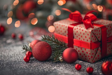 Festive Christmas Scene with Gift and Ornaments