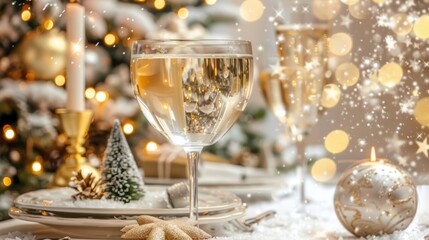 Glasses of champagne on a festively decorated table, surrounded by Christmas decorations.
Concept: New Year's holidays, festive dinner, cozy atmosphere, family celebrations, festive drinks