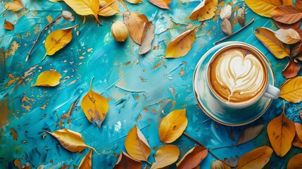 aromatic latte art heart creamy foam swirls vibrant blue tabletop autumnal cafe ambiance top view perspective oil paintings