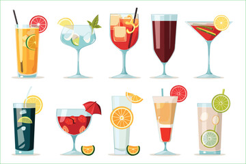 Set of different type of drinks isolated on a white background. Refreshing drinks with fruit in different types of glasses. Alcohol and non alcoholic drinks. Drinks Cartoon Collection. 