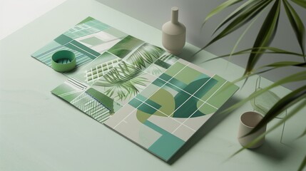 Harmony in design: Front-view brochure with Pantone green base and abstract geometric patterns in light green and turquoise, evoking a sense of tranquility