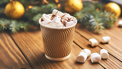 Hot chocolate drink with marshmallows in paper cup on wooden table. Tasty Christmas cocoa beverage