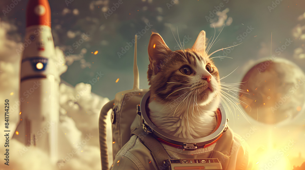 Poster a cat dressed in a space suit and standing in front of a rocket