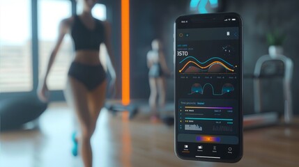 A smartphone with a fitness app interface showing graphs, and data is displayed in the foreground of a gym, with a woman in workout clothes walking in the background.