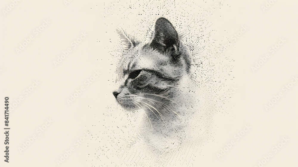Poster a cat made of halftones in only white. in a format usable for screen printing