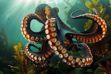 Fototapeta premium A giant octopus emerging from its rocky lair, its tentacles swirling gracefully amidst the vibrant underwater flora, illuminated by the sunlight filtering through the water
