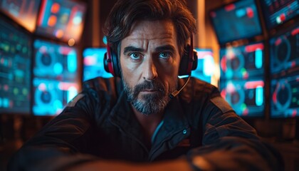 Fototapeta premium Man with headphones in advanced control room