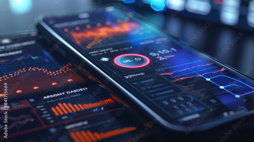 Poster a close up image of a smartphone screen displaying financial data and charts, likely used for tradin