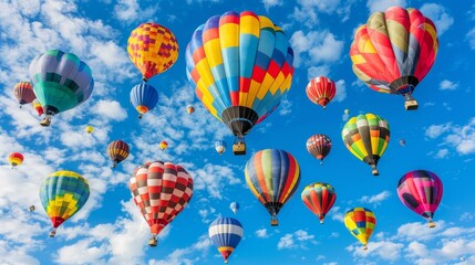 Vivid sky adorned with numerous colorful hot air balloons gently floating in the air