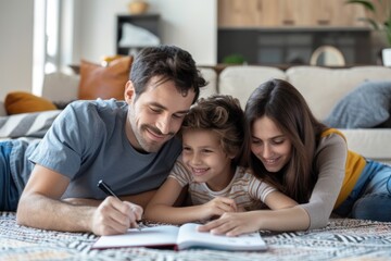 Fototapeta premium Caucasian family with young son studying together, enjoying a cozy moment on the sofa.