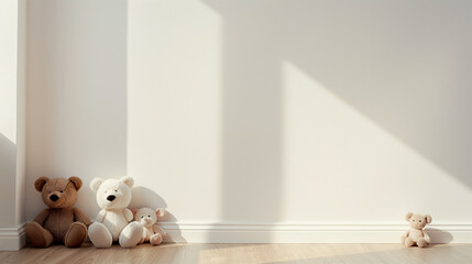 Baby shower banner Background: Elegant white with soft toys, for product display 