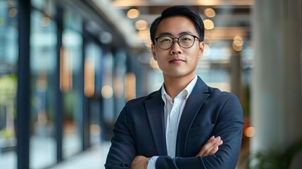 confident asian businessman in glasses and suit serious expression portrait in modern office setting