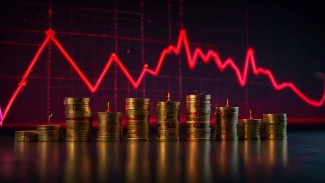 A red graph line trending downward is shown above a stack of gold coins.