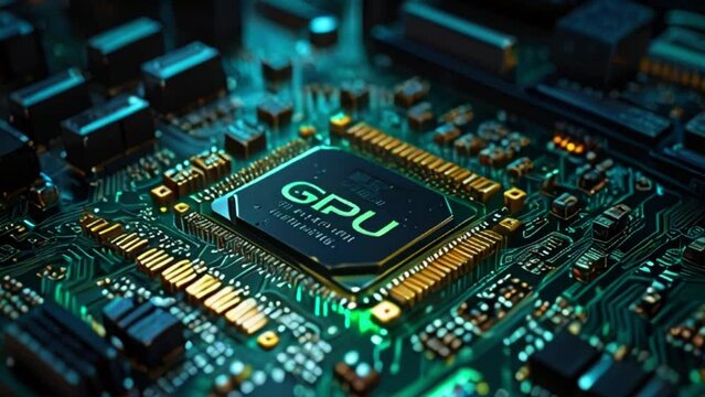 A close-up of a computer circuit board with a central GPU chip.