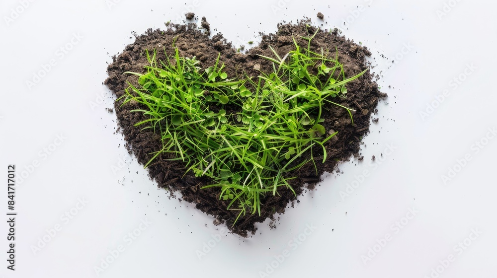 Poster grass and soil arranged in a heart shape on a white background viewed from above