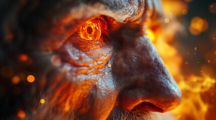 A cinematic close-up portrait of an old man reflecting a vivid explosion
