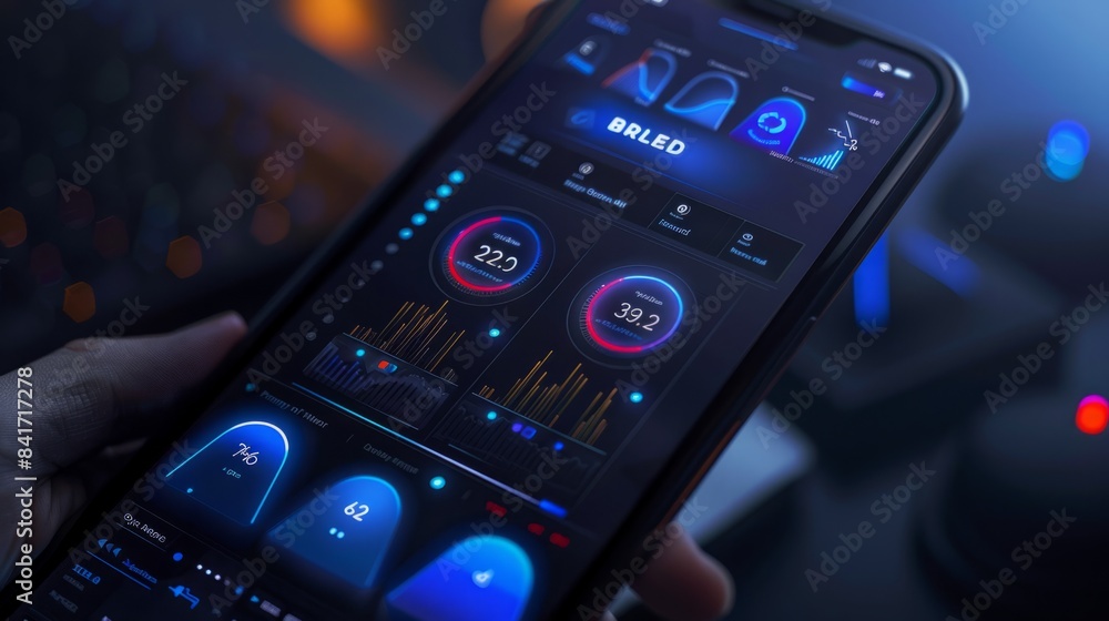 Poster close-up of a person holding a smartphone with a digital interface displaying charts, graphs, and nu