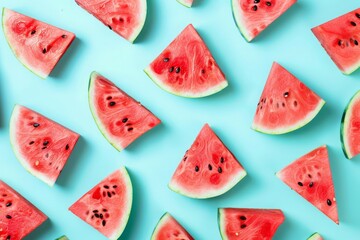 Seamless pattern with watermelons. Watermelon slices isolated on a pastel blue background. Illustration painting