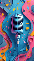 A microphone is placed on a colorful background with musical notes