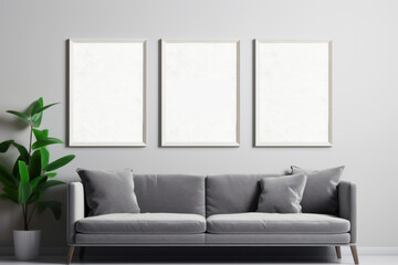 Modern Living Room with Gray Sofa and Three Blank Frames