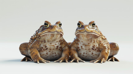 Two toads sitting next to each other on a plain background, showcasing amphibian behavior and natural symmetry.