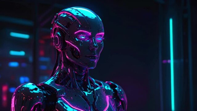 Video of a robot with glowing pink eyes and circuitry depicted on its face. The robot is looking at the viewer.