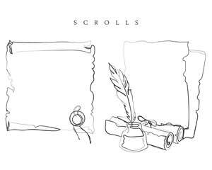 Ancient pen and literature concept. Feather pen. Hand drawn line art vector of Classic literature elements set. Ancient books and love for literature.