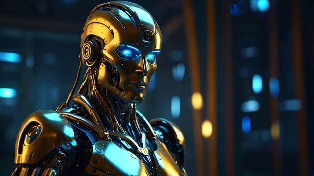 Video of a humanoid robot with glowing blue eyes. The robot is made of metal and has a shiny, reflective surface. It is standing in a dark room with blue lights in the background.