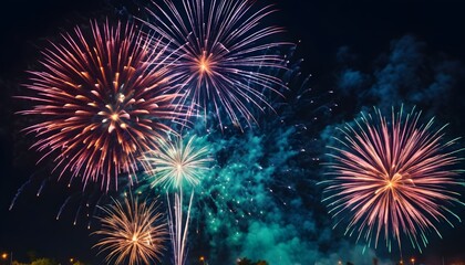 Fototapeta premium festive fireworks display. Show vibrant, colorful explosions lighting up the night sky, creating a magical and celebratory atmosphere