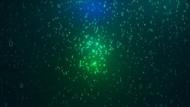 Digital technology abstract background with binary numbers 0 and 1 displayed on monitor screen. Big data, matrix and cyber space concept. 4K video animation 3d rendering.
