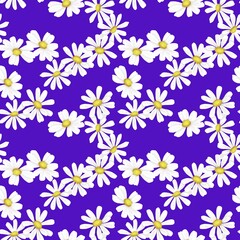 Seamless floral pattern. White chamomile on a blue lilac background drawn by hand