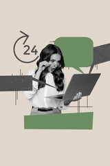 Creative trend collage of young female netbook customer service online client contact helpdesk weird bizarre unusual fantasy billboard